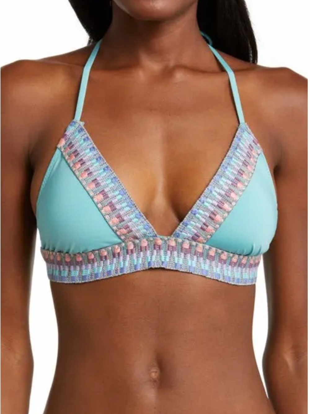 BECCA Aqua Triangle Bikini Top with Pastel Crochet Trim